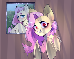 Size: 1486x1193 | Tagged: safe, artist:millman;, derpibooru import, fluttershy, bat pony, pony, undead, vampire, bat ponified, chest fluff, flutterbat, race swap, solo