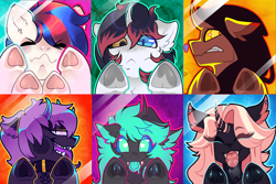 Size: 6000x4000 | Tagged: safe, artist:minty--fresh, derpibooru import, part of a set, oc, oc only, oc:flavis, oc:minty fresh, oc:ocean bird, oc:pepper fresh, oc:shade, alicorn, changeling, pegasus, pony, angry, changeling oc, choker, cute, frog (hoof), licking, pfp, pressed against screen, profile picture, showing off, tongue, tongue out, underhoof, yellow changeling