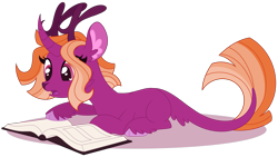 Size: 3809x2141 | Tagged: safe, artist:monochrome-sunsets, derpibooru import, oc, oc only, oc:summerset, deer, deer pony, hybrid, original species, book, lying down, prone, simple background, solo, transparent background