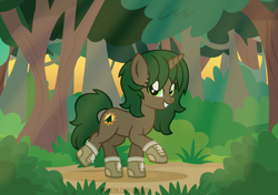 Size: 1200x844 | Tagged: safe, artist:jennieoo, derpibooru import, oc, oc only, oc:pine shine, pony, unicorn, boots, commission, forest, happy, hiking, horn, looking at you, nature, shoes, show accurate, smiling, smiling at you, solo, tree, vector