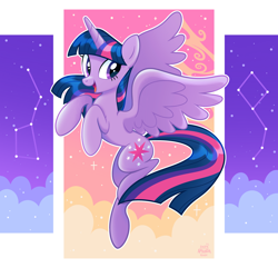 Size: 2702x2602 | Tagged: safe, artist:amanda hope, derpibooru import, twilight sparkle, twilight sparkle (alicorn), alicorn, pony, g4, abstract background, cloud, constellation, female, flying, full body, horn, mare, open mouth, open smile, outline, shiny mane, shiny tail, smiling, solo, spread wings, stars, white outline, wings