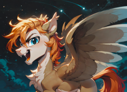 Size: 2973x2155 | Tagged: safe, ai content, derpibooru import, generator:stable diffusion, machine learning generated, oc, oc:ponygriff, hippogriff, hybrid, undead, vampire, bat pony ears, bat pony fangs, cloud, fangs, hippogriff oc, male, night, open mouth, ponygriff, prompter:pzkratzer, solo, spread wings, stars, wallpaper, wings