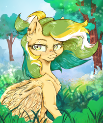 Size: 2488x2957 | Tagged: safe, artist:nazalik, derpibooru import, oc, oc only, oc:shinebite, oc:shinebite fantom.ent, pegasus, chest fluff, colored background, flowers everywhere, grass, grass field, green background, mane, multicolored eyes, multicolored hair, piercing, simple background, tree