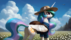 Size: 2560x1440 | Tagged: safe, ai content, artist:dovakkins, derpibooru exclusive, derpibooru import, generator:pony diffusion v6 xl, generator:stable diffusion, machine learning assisted, machine learning generated, princess celestia, alicorn, pony, g4, backpack, celestia is amused, clothes, cloud, cloudy, female, flower, flower field, forest, hat, mare, mountain, nature, olympic rings, plane, retirement, scenery, shirt, smiling, solo, straw hat, tail, tourist, tree, wavy mane, wavy tail