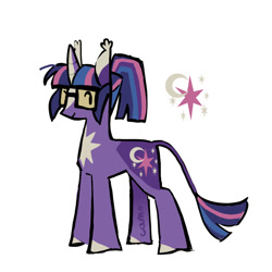 Size: 900x900 | Tagged: safe, artist:camo_ty, artist:camotty, derpibooru import, part of a set, twilight sparkle, unicorn twilight, pony, unicorn, g4, alternate color palette, alternate cutie mark, alternate design, alternate hairstyle, alternate tailstyle, blaze (coat marking), coat markings, colored ears, colored eartips, colored hooves, dot eyes, ear tufts, facial markings, female, glasses, horn, leonine tail, long mane, long tail, looking back, mare, multicolored mane, multicolored tail, ponytail, purple coat, redesign, signature, simple background, smiling, solo, square glasses, standing, tail, tall ears, tied mane, white background