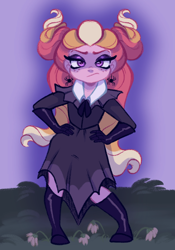 Size: 1430x2048 | Tagged: safe, artist:carouselunique, derpibooru import, oc, oc only, oc:honeycrisp blossom, human, equestria girls, g4, alternate hairstyle, antagonist, boots, clothes, dress, eyeshadow, female, furrowed brow, hand on hip, looking at you, makeup, offspring, parent:big macintosh, parent:princess cadance, parents:cadmac, shoes, solo