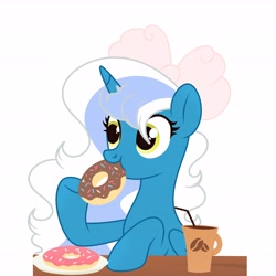 Size: 6890x6890 | Tagged: safe, artist:riofluttershy, derpibooru import, oc, oc only, oc:fleurbelle, alicorn, pony, alicorn oc, bow, coffee, coffee mug, donut, eating, female, food, golden eyes, hair bow, horn, mare, mug, simple background, solo, straw, white background, wings