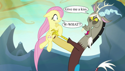 Size: 1280x720 | Tagged: safe, derpibooru import, edit, edited screencap, screencap, discord, fluttershy, g4, to where and back again, discoshy, female, kiss me you fool, male, shipping, speech bubble, straight