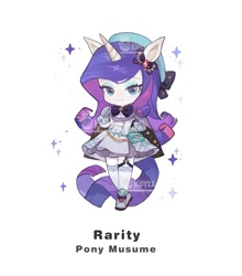 Size: 1232x1399 | Tagged: safe, artist:koyii-kong, derpibooru import, rarity, anthro, unicorn, bow, clothes, dress, female, gloves, hat, horn, mare, simple background, solo, sparkles, stockings, thigh highs, watermark, white background