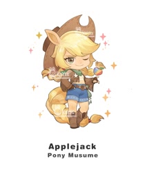 Size: 1232x1399 | Tagged: safe, artist:koyii-kong, derpibooru import, applejack, anthro, earth pony, apple, applejack's hat, boots, clothes, cowboy boots, cowboy hat, denim, denim shorts, female, food, hat, looking at you, mare, one eye closed, shoes, shorts, simple background, smiling, smiling at you, solo, sparkles, vest, watermark, white background, wink, winking at you, zap apple