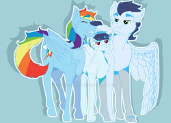Size: 828x597 | Tagged: safe, artist:pegagamer, rainbow dash, soarin', oc, pegasus, pony, colt, female, foal, male, mare, parent:rainbow dash, parent:soarin', parents:soarindash, soarindash, stallion
