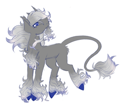 Size: 1775x1518 | Tagged: safe, alternate version, artist:luna_mcboss, derpibooru import, oc, oc only, pony, unicorn, blank flank, blue eyes, chest fluff, cloven hooves, colored hooves, colored sketch, feathered fetlocks, gray coat, gray mane, horn, long mane, long tail, looking up, simple background, sketch, solo, tail, white background