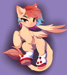 Size: 2894x3226 | Tagged: safe, artist:empress-twilight, derpibooru import, oc, oc only, oc:cardia, pegasus, pony, ambiguous gender, chest fluff, clothes, colored eartips, colored hooves, colored muzzle, colored wings, colored wingtips, ear fluff, ears, gradient mane, heart, leg warmers, leonine tail, looking at you, pink eyes, purple background, simple background, spread wings, tail, unshorn fetlocks, wings