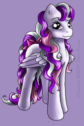 Size: 217x324 | Tagged: safe, artist:flyingpony, derpibooru import, oc, oc only, oc:birdie (flyingpony), pegasus, pony, fanfic:worlds apart, g1, bow, female, lavender background, mare, simple background, solo, standing, tail, tail bow