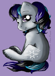 Size: 267x366 | Tagged: safe, artist:flyingpony, derpibooru import, oc, oc only, oc:silverstar (flyingpony), earth pony, pony, fanfic:worlds apart, g1, colt, foal, lavender background, looking at you, male, simple background, sitting, solo, unshorn fetlocks