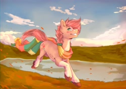 Size: 4716x3336 | Tagged: artist needed, safe, derpibooru import, oc, oc only, oc:pitch kritter pine, earth pony, blaze (coat marking), blushing, clothes, coat markings, countershading, cute, earth pony oc, facial markings, happy, male, outdoors, running, scarf, socks (coat marking), solo, stallion, striped scarf, unshorn fetlocks