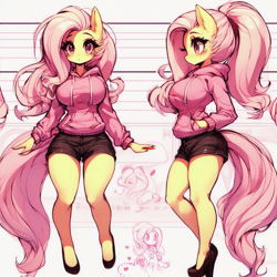 Size: 1024x1024 | Tagged: safe, ai content, derpibooru import, machine learning generated, fluttershy, anthro, g4, adorasexy, big breasts, breasts, clothes, cute, female, high heels, hoodie, hootershy, looking at you, prompter:horselover fat, sexy, shoes, short, shorts, shyabetes, side view, sideboob, simple background, sketchbook, solo, standing, stupid sexy fluttershy, turnaround, wingless, wingless anthro, wrong eye color