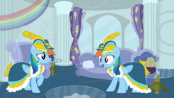 Size: 1280x720 | Tagged: safe, artist:brightstar40k, derpibooru import, rainbow dash, changeling, pegasus, pony, g4, base used, clothes, coronation dress, disguise, disguised changeling, double, dress, duo, female, folded wings, impostor, indoors, looking at each other, looking at someone, mare, open mouth, open smile, raised hoof, raised leg, smiling, uh oh, wings, worried