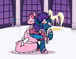 Size: 1624x1260 | Tagged: safe, artist:paperbagpony, derpibooru import, oc, oc:stardust(cosmiceclipse), bat pony, pony, bow, clothes, crossdressing, dress, ear piercing, earring, eyeshadow, gala dress, grin, hair bow, hoof shoes, jewelry, makeup, male, piercing, raised hoof, raised leg, smiling, stallion