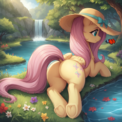 Size: 1536x1536 | Tagged: safe, ai content, derpibooru import, generator:stable diffusion, machine learning generated, fluttershy, butterfly, pegasus, pony, g4, butt, chest fluff, dock, ear fluff, ears, featureless crotch, female, flower, flutterbutt, frog (hoof), generator:bluefox mix, grass, hat, leg fluff, looking at something, lying down, lying on the ground, mare, on ground, outdoors, plot, prompter:tyto4tme4l, prone, rear view, ribbon, rock, smiling, solo, spring, straw hat, stupid sexy fluttershy, tail, tree, underhoof, water, waterfall