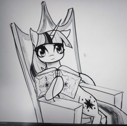 Size: 3503x3472 | Tagged: safe, artist:37240622, derpibooru import, twilight sparkle, twilight sparkle (alicorn), alicorn, pony, book, female, mare, photo, picture of a screen, sitting, solo, throne