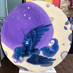 Size: 2848x2839 | Tagged: safe, derpibooru import, princess luna, alicorn, pony, female, irl, mare, moon, oil painting, original art, photo, solo, spread wings, traditional art, wings