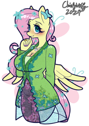 Size: 744x1052 | Tagged: safe, artist:chiefywiffy, derpibooru import, fluttershy, anthro, pegasus, g4, breasts, clothes, cute, dress, female, hootershy, kebaya, mare, shyabetes, simple background, solo, white background, wings
