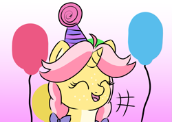 Size: 1259x898 | Tagged: safe, artist:craftycirclepony, derpibooru import, oc, oc only, oc:crafty circles, unicorn, balloon, bust, cute, eyes closed, female, filly, foal, freckles, gradient background, happy, hat, horn, laughing, open mouth, party hat, solo
