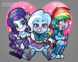 Size: 750x600 | Tagged: safe, artist:marybellamy, derpibooru import, rainbow dash, rarity, trixie, human, equestria girls, g4, boots, chibi, female, heart, high heel boots, shoes, sparkle, trio, trio female, zorilita