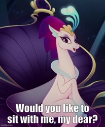 Size: 500x603 | Tagged: safe, derpibooru import, edit, edited screencap, screencap, queen novo, seapony (g4), g4, my little pony: the movie, bioluminescent, bronybait, bubble, caption, crown, dorsal fin, ears, eyebrows, eyeshadow, fin, fin wings, fins, floppy ears, flowing mane, image macro, imgflip, jewelry, lidded eyes, makeup, ocean, open mouth, open smile, purple eyes, purple mane, purple wings, regalia, seaquestria, sitting, smiling, talking to viewer, text, throne, throne room, underwater, water, wings