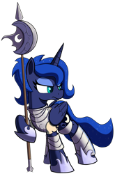 Size: 1270x1920 | Tagged: safe, artist:maretian, derpibooru import, princess luna, alicorn, pony, alternate hairstyle, armor, armored pony, female, folded wings, halberd, mare, polearm, ponerpics fantasy community collab 2024, ponytail, simple background, solo, transparent background, weapon, wings