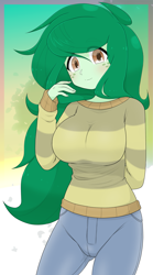 Size: 1895x3399 | Tagged: safe, artist:batipin, derpibooru import, wallflower blush, human, equestria girls, g4, breasts, busty wallflower blush, clothes, cute, female, flowerbetes, freckles, long hair, looking at you, smiling, solo, striped sweater, sweater
