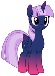 Size: 640x872 | Tagged: safe, artist:capricornus_shade, derpibooru import, edit, twilight sparkle, twilight sparkle (alicorn), alicorn, pony, g4, coat markings, colored wings, female, gradient ears, gradient horn, gradient legs, gradient wings, horn, palette swap, recolor, reverse colors, simple background, smiling, solo, transparent background, wings