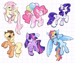 Size: 2048x1737 | Tagged: safe, artist:toycasino, derpibooru import, applejack, fluttershy, pinkie pie, rainbow dash, rarity, twilight sparkle, unicorn twilight, earth pony, pegasus, pony, unicorn, g4, ><, alternate design, alternate hairstyle, alternate mane color, alternate tail color, alternate tailstyle, applejack's hat, bags under eyes, balloon, big eyes, blaze (coat marking), blonde, blonde mane, blonde tail, blue coat, blue eyes, blue hooves, blush scribble, blushing, bouncing, brown hooves, chest fluff, clothes, coat markings, colored, colored belly, colored ear fluff, colored eartips, colored hooves, colored wings, colored wingtips, cowboy hat, curly hair, curly mane, curly tail, cute, dashabetes, diapinkes, ear fluff, ear tufts, ears, eyelashes, eyes closed, eyeshadow, facial markings, fangs, floppy ears, flying, frown, glowing, glowing horn, gray coat, green eyes, group, hat, hooves, horn, impossibly long tail, in air, jackabetes, jewelry, large wings, leg fluff, lidded eyes, long mane, long tail, looking up, magic, makeup, mane six, mane six redesign, mealy mouth (coat marking), messy mane, messy tail, multicolored hair, multicolored hooves, multicolored mane, multicolored tail, narrowed eyes, necklace, open mouth, open smile, orange coat, pale belly, partially open wings, patterned background, pendant, pink coat, pink eyes, pink hooves, pink mane, pink tail, ponytail, profile, purple blush, purple coat, purple eyes, purple hooves, purple mane, purple tail, rainbow hair, rainbow tail, raised hoof, raised hooves, raised leg, raribetes, rarity is not amused, rearing, redesign, ringlets, sextet, shiny eyes, shyabetes, slender, smiling, socks (coat marking), splotches, spread wings, standing, straight mane, straight tail, tail, teal eyes, teeth, thin, tied mane, tied tail, twiabetes, two toned mane, two toned tail, two toned wings, unamused, unicorn horn, unshorn fetlocks, wall of tags, wingding eyes, wings, yellow coat