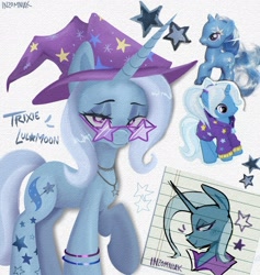 Size: 1820x1920 | Tagged: safe, artist:inzomniak, derpibooru import, trixie, pony, unicorn, g4, alternate hairstyle, babysitter trixie, clothes, doll, female, gameloft, glasses, hat, hoodie, horn, jewelry, lidded eyes, lined paper, looking at you, mare, my little pony: magic princess, name, necklace, raised hoof, raised leg, signature, simple background, smiling, smiling at you, solo, star glasses, stars, toy, trixie's hat, white background, white pupils, wristband