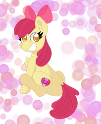 Size: 1951x2388 | Tagged: safe, artist:cinematic-fawn, derpibooru import, apple bloom, earth pony, pony, abstract background, bow, chest fluff, ear fluff, ears, grin, sitting, smiling, solo