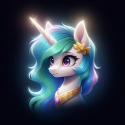 Size: 1328x1328 | Tagged: safe, ai content, derpibooru import, generator:stable diffusion, machine learning generated, princess celestia, alicorn, pony, g4, beautiful, black background, bust, chest fluff, cute, ear fluff, ears, eyebrows, eyebrows visible through hair, female, generator:bluefox mix, glowing, glowing horn, glowing mane, horn, jewelry, light, magic, mare, peytral, portrait, prompter:adorablebluefox, regalia, simple background, solo, upper body, wingless