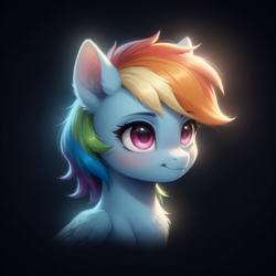 Size: 1328x1328 | Tagged: safe, ai content, derpibooru import, generator:stable diffusion, machine learning generated, rainbow dash, pegasus, pony, g4, beautiful, black background, blush lines, blushing, bust, chest fluff, cute, dashabetes, ear fluff, ears, eyebrows, eyebrows visible through hair, female, generator:bluefox mix, glowing, light, mare, portrait, prompter:adorablebluefox, simple background, smiling, solo, upper body, wings