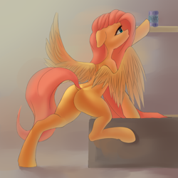 Size: 2000x2000 | Tagged: safe, artist:falses, derpibooru import, fluttershy, pegasus, pony, semi-anthro, g4, adorasexy, beans, bedroom eyes, butt, can, collarbone, cute, digital art, eyelashes, eyes open, female, flutterbutt, food, high res, legs, looking at something, mare, missing cutie mark, plot, reaching, sexy, shading, sketch, solo, spread legs, spread wings, spreading, tail, thighs, wings