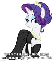 Size: 500x576 | Tagged: safe, artist:cheezedoodle96, derpibooru import, rarity, pony, unicorn, g4, the gift of the maud pie, audrey hepburn, breakfast at tiffany's, caption, clothes, dress, female, holly golightly, horn, image macro, imgflip, jewelry, mare, necklace, text