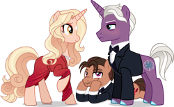 Size: 1920x1180 | Tagged: safe, artist:limedazzle, derpibooru import, oc, oc:lena, oc:michael, oc:stuart, pegasus, pony, unicorn, clothes, dress, female, horn, mare, simple background, transparent background, tuxedo