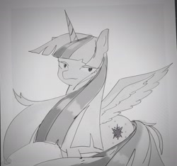 Size: 2431x2275 | Tagged: safe, artist:37240622, derpibooru import, twilight sparkle, twilight sparkle (alicorn), alicorn, pony, female, grayscale, lying, mare, monochrome, solo