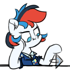 Size: 679x731 | Tagged: safe, artist:fakkajohan, derpibooru import, oc, oc only, oc:retro city, pegasus, pony, bored, clothes, female, holding head, simple background, sitting, solo, uniform, white background, wonderbolts dress uniform, wonderbolts uniform