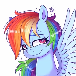 Size: 1024x1024 | Tagged: safe, artist:galaxy swirl, derpibooru import, rainbow dash, pegasus, pony, g4, bust, eyebrows, eyebrows visible through hair, female, lidded eyes, mare, simple background, smug, smugdash, solo, spread wings, white background, wings