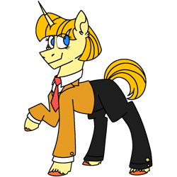 Size: 1080x1080 | Tagged: safe, artist:fuckomcfuck, artist:icicle-niceicle-1517, color edit, derpibooru import, edit, oc, oc:tippy toes, pony, unicorn, collaboration, business suit, businessmare, clothes, colored, female, horn, mare, necktie, pants, raised hoof, raised leg, shirt, simple background, solo, suit, transparent background, unshorn fetlocks, vest