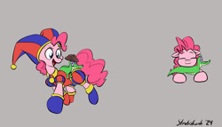 Size: 1755x1006 | Tagged: safe, artist:strebiskunk, derpibooru import, gummy, pinkie pie, alligator, earth pony, pony, cowboy hat, duo, duo male and female, female, gray background, gummigoo, gummy riding pinkie pie, hat, male, mare, open mouth, open smile, pomni, signature, simple background, smiling, the amazing digital circus