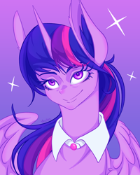 Size: 2160x2700 | Tagged: safe, artist:verskon, derpibooru import, twilight sparkle, twilight sparkle (alicorn), alicorn, pony, g4, bust, female, gradient background, high res, mare, smiling, solo, sparkles