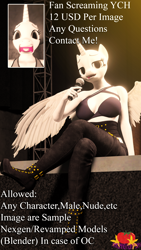 Size: 2160x3840 | Tagged: safe, artist:marianokun, derpibooru import, oc, anthro, unicorn, 3d, blender, clothes, commission, concert, horn, looking at you, meme, microphone, open mouth, screaming fan meme, singing, sitting, wings, ych example, your character here