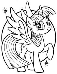 Size: 1673x2166 | Tagged: safe, derpibooru import, twilight sparkle, twilight sparkle (alicorn), alicorn, pony, g4, black and white, circle background, coloring book, coloring page, female, grayscale, looking at you, mare, monochrome, official, raised hoof, raised leg, smiling, smiling at you, solo, sparkles, spread wings, wings