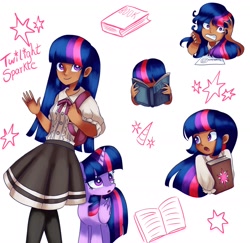 Size: 1798x1748 | Tagged: safe, artist:andromedasparkz, derpibooru import, twilight sparkle, twilight sparkle (alicorn), alicorn, human, pony, g4, backpack, book, bowtie, clothes, female, gritted teeth, humanized, mare, open mouth, reading, shirt, simple background, skirt, socks, solo, stockings, teeth, thigh highs, vest, white background